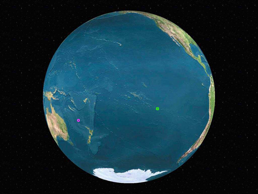 Norfolk Island (pink circle) and Pitcairn Island (green circle).